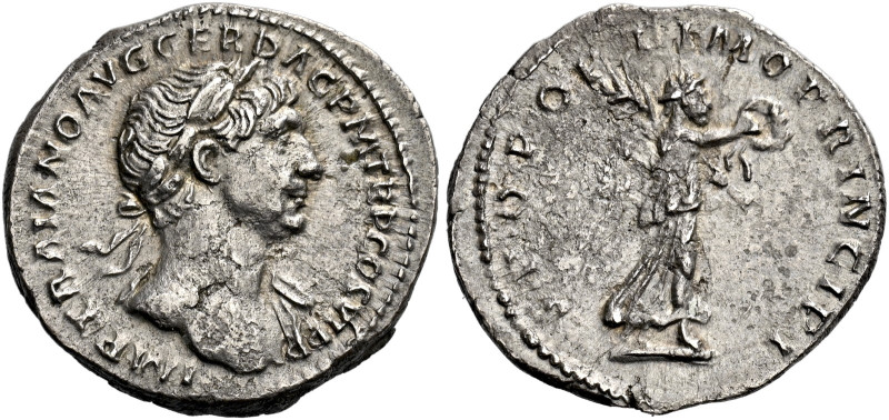 Trajan augustus, 98–117 

Quinarius 112-114, AR 16 mm, 1.56 g. IMP TRAIANO AVG...