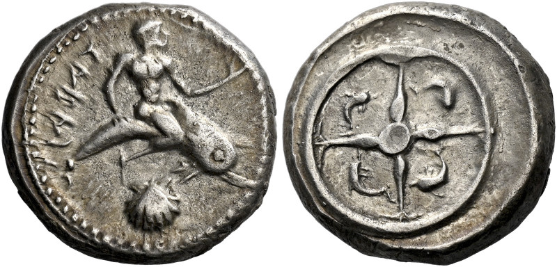 Greek Coins Calabria, Tarentum 

Nomos circa 480-470, AR 18 mm, 7.82 g. TARAS ...
