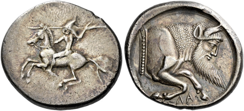 Greek Coins Sicily, Gela 

Didrachm circa 490/85-480/75, AR 23 mm, 8.63 g. Hor...