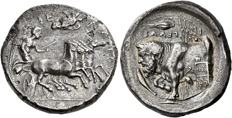 * Greek Coins Sicily, Gela 

Tetradrachm circa 415-405, AR 27 mm, 16.48 g. ΓΕ ...