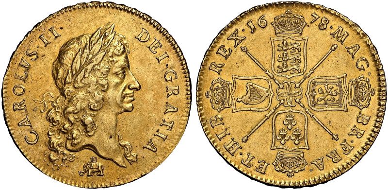Charles II, 1660-1685. 

AV Five Guineas, 1678/7. Elephant and castle below fi...