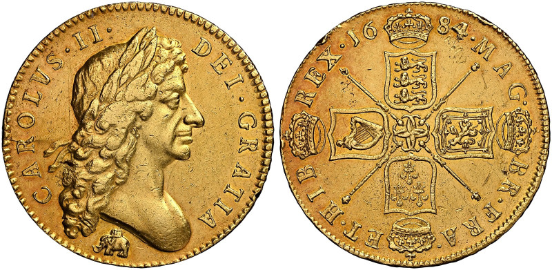 Charles II, 1660-1685. 

AV Five Guineas, 1684. Elephant and castle below seco...