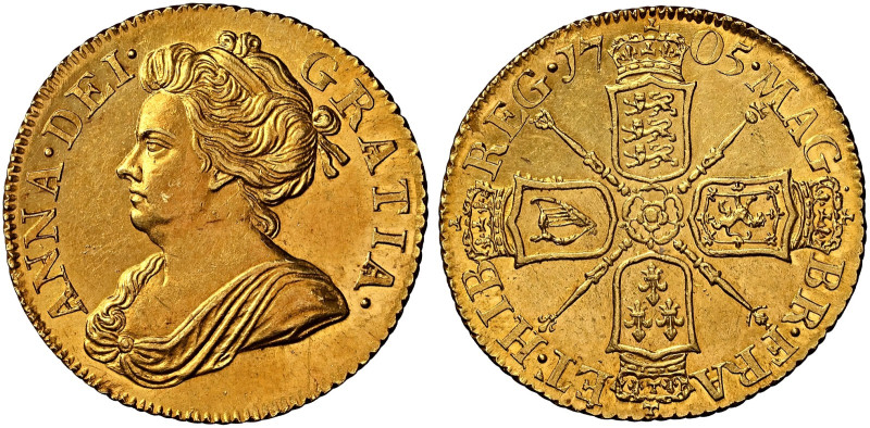 Anne, 1702-1714. 

AV Half Guinea, 1705. Draped bust left, rev. crowned crucif...