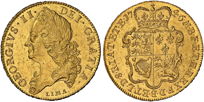 George II, 1727-1760. 

AV Five Guineas, 1746. LIMA below old laureate bust le...