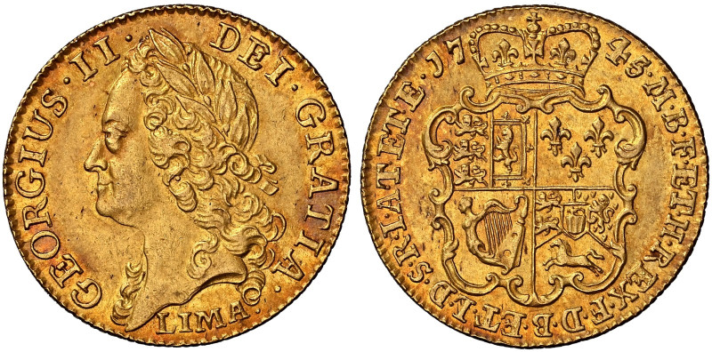 George II, 1727-1760. 

AV Guinea, 1745. LIMA below intermediate laureate bust...