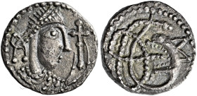 Early Anglo-Saxon Period

Sceatta coinage, Secondary phase, c.710-c.760. AR Sceat, Series K. Diademed bust right holding cross, rev. wolf headed ser...