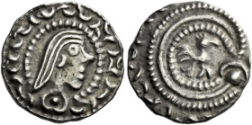 Early Anglo-Saxon Period

Sceatta coinage, Secondary phase, c.710-c.760. AR Sceat, Series O. Bust right with flowing hair, blundered legend, rev. bi...