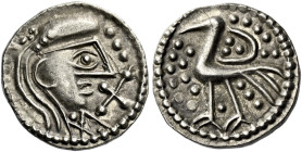 Early Anglo-Saxon Period

Sceatta coinage, Secondary phase, c.710-c.760. AR Sceat, Series Q. Capped bust right, cross before, rev. bird left. 1.21 g...