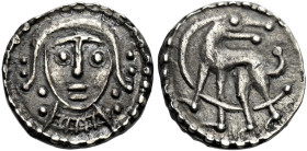 Early Anglo-Saxon Period

Sceatta coinage, Secondary phase, c.710-c.760. AR Sceat, Series Q. Facing bust, rev. beast left, head looking back, crest ...