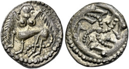 Early Anglo-Saxon Period

Sceatta coinage, Secondary phase, c.710-c.760. AR Sceat, Series S. Winged female centaur left, looking back, rev. whorl of...