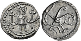Early Anglo-Saxon Period

Sceatta coinage, Secondary phase, c.710-c.760. AR Sceat, Series U. Standing figure, head right holding cross in each hand,...