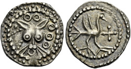 Early Anglo-Saxon Period

Sceatta coinage, Eclectic issues. c.710-760. AR Sceat, Animal mask type. Facing feline head with erect ears and prominent ...
