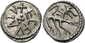 Kings of Northumbria

Aelfwald, 779/80-788. AR Sceat. +ECFVALV around cross, rev. beast right. 1.04 g. SL 73-30; N.181; S.851.
Trace of hard green....