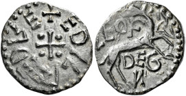 Kings of Northumbria

Aethelred II, 1st reign, 841-843/4. AE Styca, Hound type, Leofdegn. +EDILREDR(inverted)E around cross with pellets in arms, re...