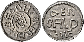 Kings of Mercia

Beornwulf, 823-825. AR Penny, Group I, portrait type, East Anglian mint, Werbald. Diademed bust right, +BEORHPVLF RE, rev. DERBALD ...