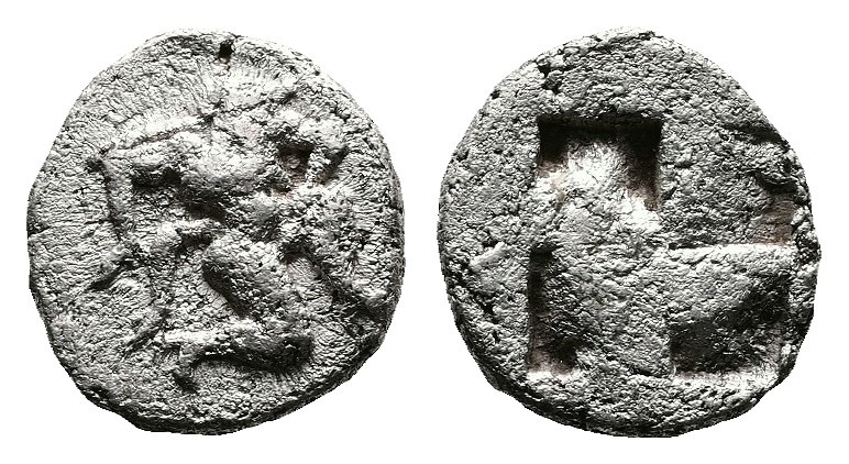 Thrace. Thasos, circa 500-480 BC. Silver Diobol (10.7 mm, 1.13 g.). Naked satyr ...
