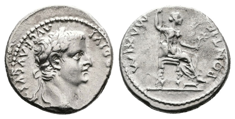 Tiberius, AD 14 – 37. AR Denarius (17.9 mm, 3.72 g.). Lugdunum mint. [TI CAESA]R...