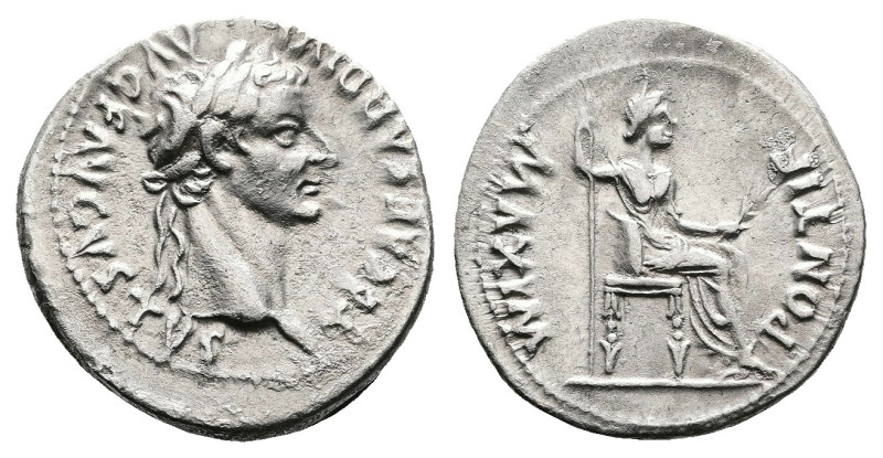 Tiberius, AD 14 – 37. AR Denarius (19.2 mm, 3.54 g.). Lugdunum mint. TI CAESAR D...