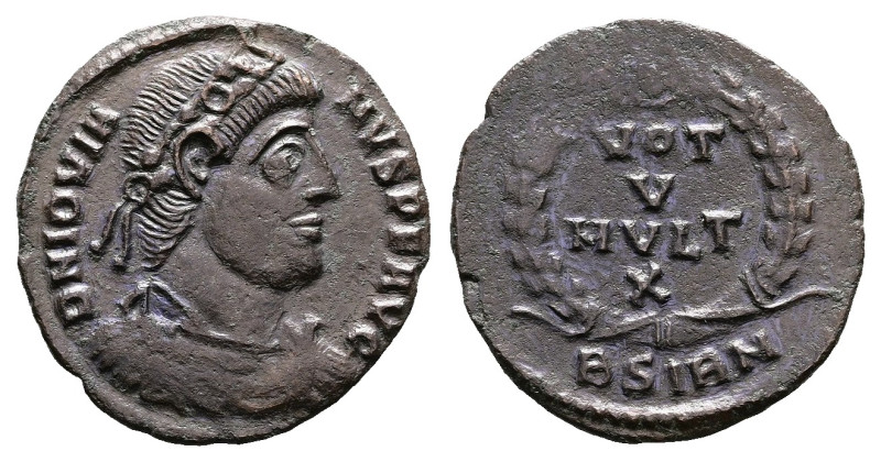 Jovian, AD 363-364. Bronze Follis. (19 mm, 2.21 g.). Sirmium. DN IOVIANVS PF AVG...