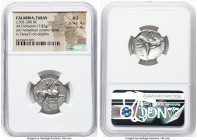 CALABRIA. Tarentum. Ca. 302-280 BC. AR didrachm (21mm, 7.82 gm, 8h). NGC AU 4/5 - 4/5. Cratinus, Ago-, and Xor-, magistrates. Nude youth on horse step...