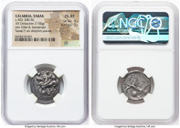 CALABRIA. Tarentum. Ca. 302-280 BC. AR didrachm (21mm, 7.50 gm, 4h). NGC Choice XF 4/5 - 3/5. Lyciscus and Xor-, magistrates. ΛYKIΣKOΣ, Nike advancing...
