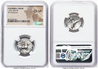 CALABRIA. Tarentum. Ca. 302-280 BC. AR didrachm (21mm, 4h). NGC Choice VF. Ca. 315-300 BC. Si- and Lycon, magistrates. ΛYKΩN, nude warrior on horse re...
