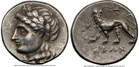 IONIA. Miletus. Ca. 4th-3rd centuries BC. AR drachm (15mm, 3.56 gm, 12h). NGC Choice VF 4/5 - 3/5, die shift. Neon, magistrate. Laureate head of Apoll...
