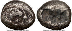 LYDIAN KINGDOM. Croesus (561-546 BC). AR half-stater or siglos (9mm, 11h). NGC VF. Croeseid standard, Sardes. Confronted foreparts of lion right (on l...