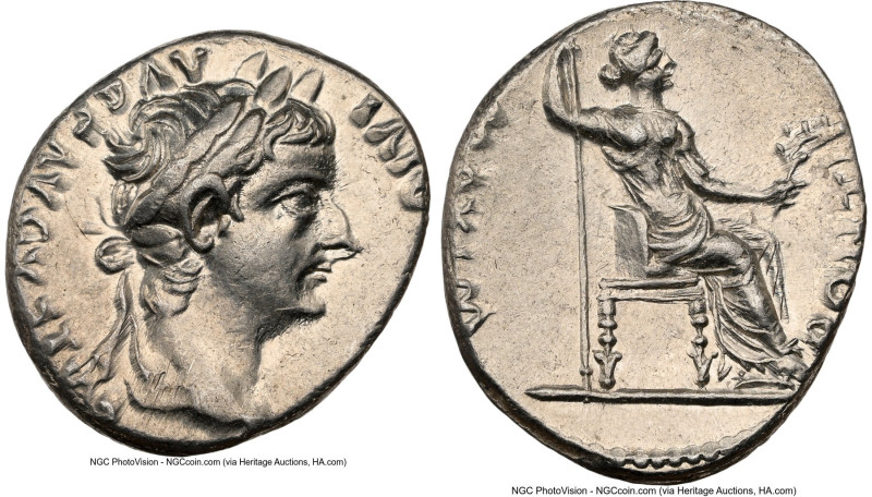 Tiberius (AD 14-37). AR denarius (17mm, 3.89 gm, 4h). NGC AU 4/5 - 4/5. Lugdunum...