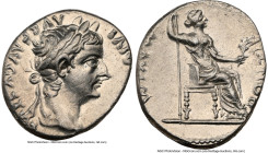 Tiberius (AD 14-37). AR denarius (17mm, 3.89 gm, 4h). NGC AU 4/5 - 4/5. Lugdunum, ca. AD 18-35. TI CAESAR DIVI-AVG F AVGVSTVS, laureate head of Tiberi...