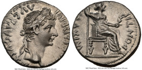 Tiberius (AD 14-37). AR denarius (17mm, 3.77 gm, 4h). NGC AU 4/5 - 3/5, brushed. Lugdunum, ca. AD 18-35. TI CAESAR DIVI-AVG F AVGVSTVS, laureate head ...