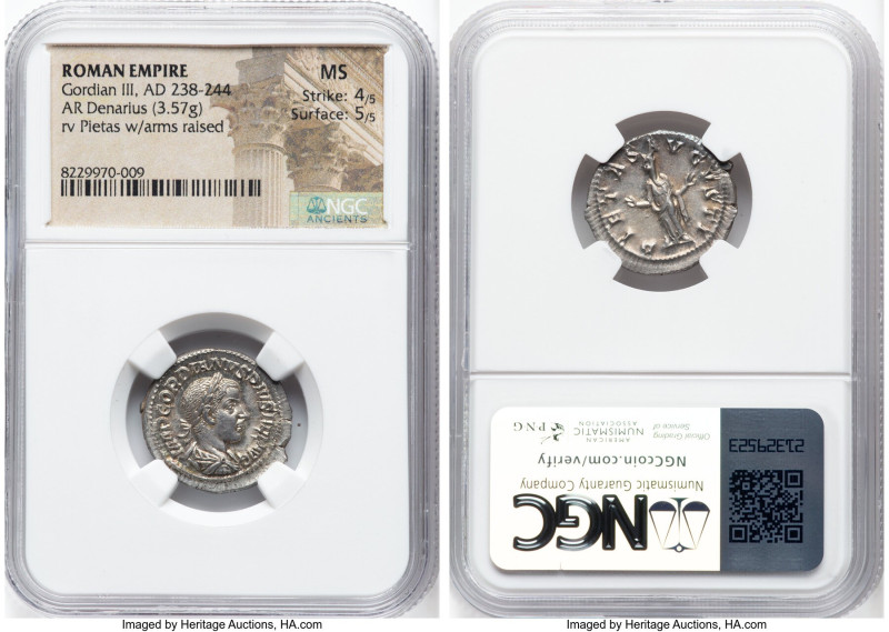 Gordian III (AD 238-244). AR denarius (21mm, 3.57 gm, 5h). NGC MS 4/5 - 5/5. Rom...