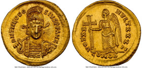 Theodosius II, Eastern Roman Empire (AD 402-450). AV solidus (20mm, 4.47 gm, 6h). NGC Choice AU 5/5 - 3/5, brushed. Constantinople, 7th officina, AD 4...