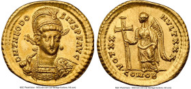Theodosius II, Eastern Roman Empire (AD 402-450). AV solidus (21mm, 4.39 gm, 11h). NGC Choice XF 5/5 - 4/5, brushed. Constantinople, AD 420-422. D N T...