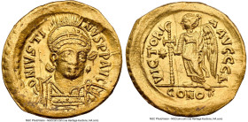 Justin I (AD 518-527). AV solidus (20mm, 4.04 gm, 7h). NGC AU 5/5 - 2/5, graffiti, clipped, edge bend. Constantinople, 4th officina, AD 518-519. D N I...