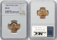 Republic gold 20 Francs 1908 MS63 NGC, Paris mint, KM857, Gad-1064a, Fr-592. Buttery golden color with superior luster. HID09801242017 © 2024 Heritage...