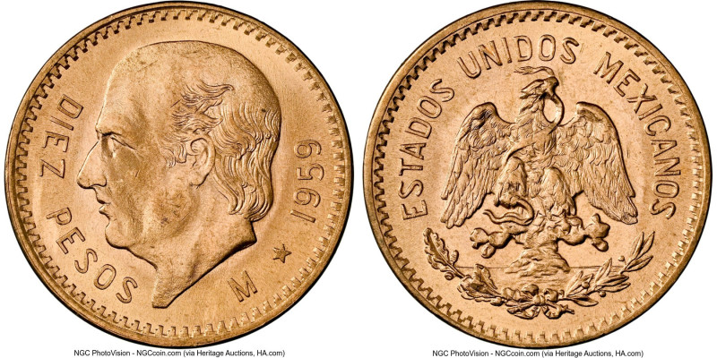 Estados Unidos gold Restrike 10 Pesos 1959-M MS66 NGC, Mexico City mint, KM473. ...