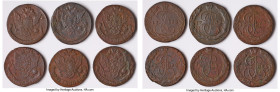 Catherine II 6-Piece Lot of Uncertified 5 Kopecks, 1) 5 Kopecks 1768-EM - VF (Corrosion), Ekaterinburg mint, KM-C59.3. 41.9mm. 50.87gm 2) 5 Kopecks 17...