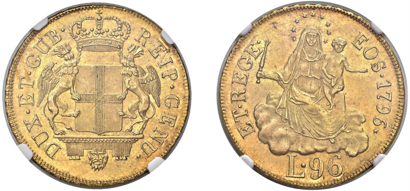 GENOVA - DOGI BIENNALI (III fase, 1637-1797) - 96 lire 1796, stella (1814).
Oro...