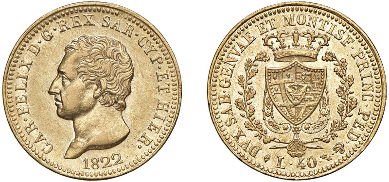 CARLO FELICE (1821-1831) - 40 lire 1822, Torino.
Oro, 12,90 gr. - Diam. 26 mm....