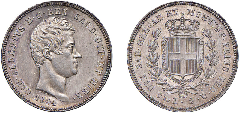 CARLO ALBERTO (1831-1849) - 2 lire 1844, Genova.
Argento, 10,01 gr. - Diam. 27 ...
