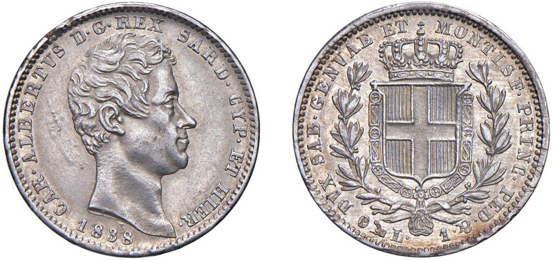 CARLO ALBERTO (1831-1849) - 1 lira 1838, Genova.
Argento, 4,99 gr. - Diam. 23 m...