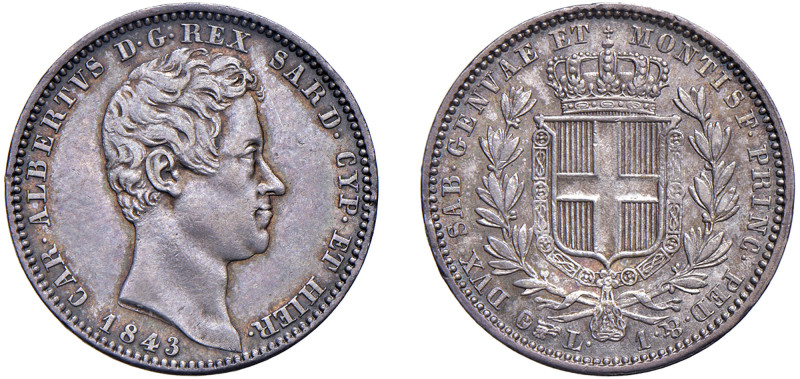CARLO ALBERTO (1831-1849) - 1 lira 1843, Torino.
Argento, 5,00 gr. -. Diam. 23 ...