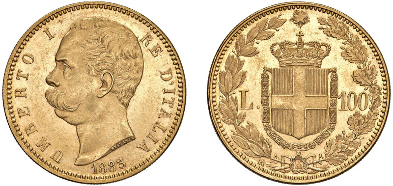 UMBERTO I (1878-1900) - 100 lire 1883, Roma.
Oro, 32,30 gr. - Diam. 35 mm. 
Dr...