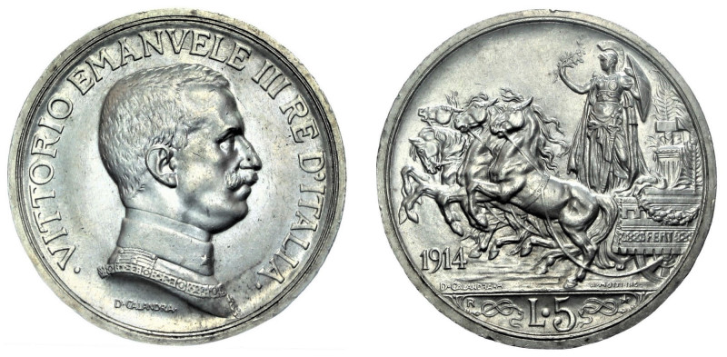 VITTORIO EMANUELE III (1900-1943) - 5 lire 1914, Roma.
Argento, 25,01 gr. - Dia...