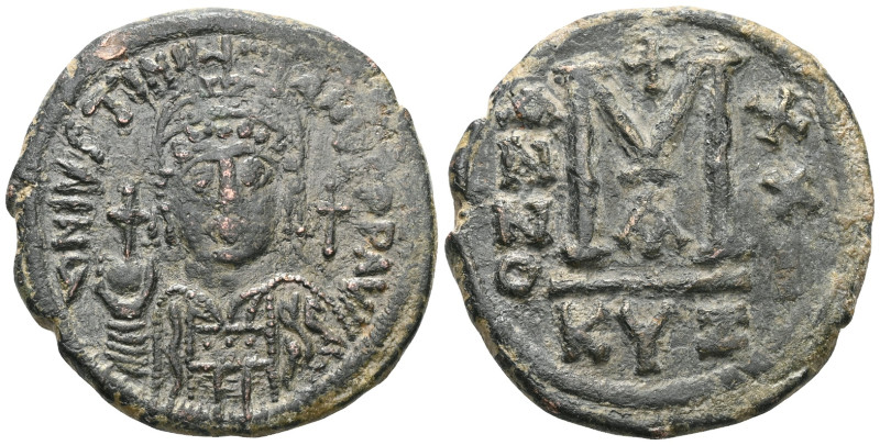 JUSTINIAN I (527-565). Follis. Kyzikos. Obv: D N IVSTINIANVS P P AVG. Helmeted a...