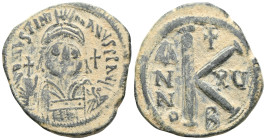 Byzantine Coins JUSTINIAN I (527-565). Half Follis. Constantinople. Dated RY 14 (540/1). Obv: D N IVSTINIANVS P P AVG. Helmeted and cuirassed bust fac...