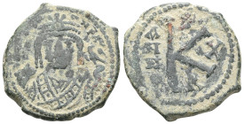 Byzantine Maurice Tiberius, 582-602. Half Follis , Theoupolis (Antiochia), RY 9 = 590/1. [D m T]IЧ COTAN P P' Crowned facing bust of Maurice Tiberius,...
