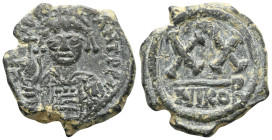 Byzantine Phocas. AD 602-610, (dated RY 6=AD 607/8).. Nikomedia Half follis Æ . Crowned and cuirassed facing bust, holding mappa and cross / Large XX,...