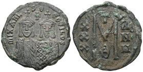 Byzantine Byzantine, Michael II with Theophilus AD 820-829. Constantinople, Follis Æ MIXA-HL S ΘEOFI; Michael, wearing crown and chlamys with short be...